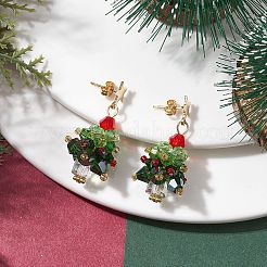 ガラスダングルピアス  304ステンレススチール製金具付き  クリスマスツリー  濃い緑  ゴールドカラー  38x18mm&nbsp;EJEW-JE05961