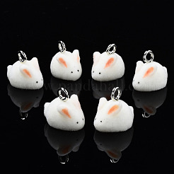 フロッキー樹脂ペンダント  プラチナメッキ鉄ループ付き  兎  ライトサーモン  13.5x15.5x11mm  穴：2.5mm&nbsp;RESI-N032-08