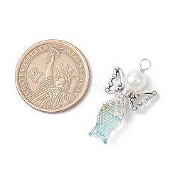 人魚の形をした天使のスプレー塗装ガラスペンダント  ABSプラスチック模造真珠ラウンドビーズ、合金ビーズ、プラチナラウンド銅線付き  ミックスカラー  33x18x8mm  穴：3mm&nbsp;PALLOY-JF03778