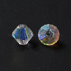 電気メッキガラスビーズ  ABカラーメッキ  双円錐形  透明  5x5x4mm  穴：1.2mm  576個/袋&nbsp;GGLA-Z004-04AB