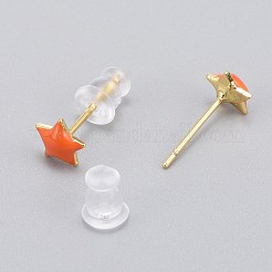 真鍮エナメルスタッドピアス  プラスチック製のピアスキャッチで  長持ちメッキ  スター  18KGP本金メッキ  ダークオレンジ  6x6mm  ピン：0.8mm&nbsp;EJEW-L231-67C
