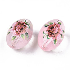 プリント＆スプレー塗装透明ガラスビーズ  花柄のオーバル  ピンク  15x10mm  穴：1.6mm&nbsp;GLAA-S047-07A-A01