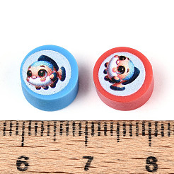 プリントされた手作りポリマー粘土ビーズ  魚とフラットラウンド  カラフル  9~10x4~5mm  穴：1.8~2mm&nbsp;CLAY-T022-12E