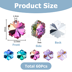 60 個の電気メッキガラスチャーム  シルバーメッキのボトム  多面カット  スノーフレーク  ミックスカラー  14x12.5x7mm  穴：1.4mm&nbsp;EGLA-HS0001-11