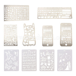 プラスチック＆ステンレス鋼製図ステンシル  中空の手帳の定規のテンプレート  DIYスクラップブッキング用  ステンレス鋼色  10個/セット&nbsp;DIY-TA0003-19
