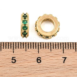 真鍮製マイクロパヴェキュービックジルコニアヨーロピアンビーズ  大穴ビーズ  フラットラウンド  カドミウムフリー＆鉛フリー  ラックめっき  長持ちメッキ  18KGP本金メッキ  グリーン  10x3mm  穴：5.5mm&nbsp;CU-CBAB99C-04G-02