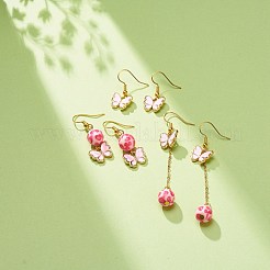 3 ペア 3 スタイル ピンク合金エナメル チャーム & レジン ビーズ ダングル イヤリング  女性のためのバレンタインテーマ真鍮ジュエリー  ゴールドカラー  ちょうの模様  26~69mm  ピン：0.5mm&nbsp;EJEW-JE05030-01