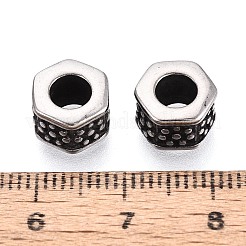 304ステンレス鋼のヨーロッパスタイルの大きな穴のビーズ  六角  アンティークシルバー  9.5x9.5x6mm  穴：5mm&nbsp;STAS-T072-97AS