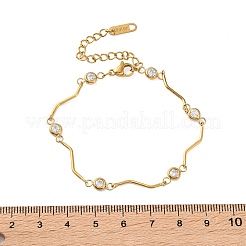 304ステンレススチールキュービックジルコニアリンクブレスレット  女性用波型リンクチェーンブレスレット  フラットラウンド  ゴールドカラー  6.69インチ（17cm）&nbsp;SA-CBA8C9C-04B-G