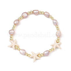 女性用パールブレスレット  ストレッチブレスレット  ゴールドカラー  ミックスカラー  ヒトデ  内径：1.85インチ（4.7cm）&nbsp;BJEW-JB14093
