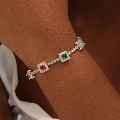 女性用のカラフルなキュービックジルコニアテニスブレスレット  真鍮スクエアリンクチェーンブレスレット  ゴールドカラー  内径：7-1/2インチ（19cm）&nbsp;XZ3226-1