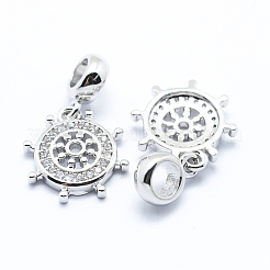 真鍮マイクロパヴェキュービックジルコニアヨーロッパダングルペンダント  大穴ペンダント  舵  プラチナ  24mm  穴：4mm  ペンダント：15.5x14x3mm&nbsp;ZIRC-L070-24P