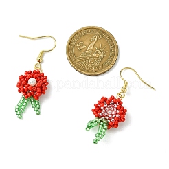 ガラスダングルピアス  シェルパールビーズと304ステンレススチールのピアスフック付き  花  レッド  45~46x16mm&nbsp;EJEW-MZ00316-02