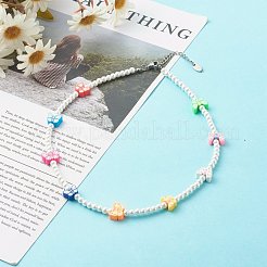 子供のためのガラスパールラウンドビーズネックレス  ポリマークレイバタフライビーズ付き  カラフル  15.83インチ（40.2cm）&nbsp;NJEW-JN03606