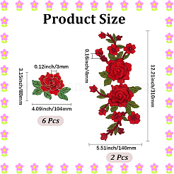 8個 2スタイル コンピューター刺繍布 アイロン接着/縫い付けパッチ  バラの花のポリエステルアップリケ  レッド  80~310x104~140x3~4mm&nbsp;PATC-CY0003-96