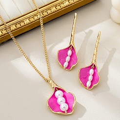 合金エナメルとプラスチックパールのペンダントネックレスとスタッドピアス  花  ゴールドカラー  カメリア  ネックレス：19.69インチ（50cm）&nbsp;FS-WG966C8-01