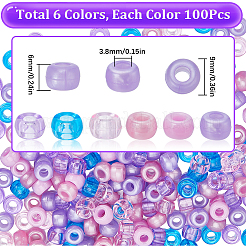 600個6色の不透明＆透明プラスチックビーズ  バレル  ミックスカラー  9x6mm  穴：3.5~3.8mm  100個/カラー&nbsp;KY-SC0001-92