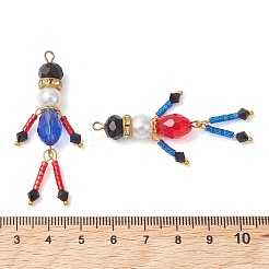ガラスシードビーズとパールガラスパールの大きなペンダント2個  くるみ割り人形のチャーム  304ステンレスピン付き  ゴールドカラー  ミックスカラー  52x15~16x8mm  穴：2.5x2mm&nbsp;PALLOY-MZ01289