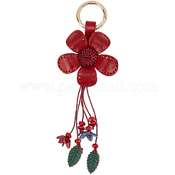 革と合金のキーホルダー  花  ファイヤーブリック  170x70mm&nbsp;HJEW-WH20022-04B-11