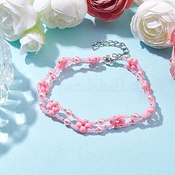 女性用フラワーガラスシードビーズブレスレット  ピンク  8-1/4インチ（20.8cm）&nbsp;BJEW-JB10267