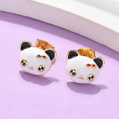 女性のための真鍮エナメル スタッド イヤリング  18KGP本金メッキ  パンダ  12x9.5mm&nbsp;EJEW-U049-02A-G