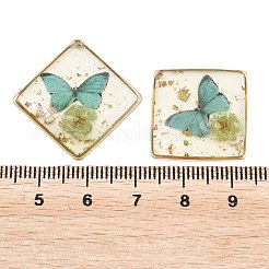 透明エポキシ樹脂とプリントペンダント  ひし形と蝶のチャーム  ドライフラワー、金箔、ライトゴールドメッキの真鍮の縁とループ付き  シーグリーン  20x20x3~4.5mm  穴：0.9mm&nbsp;KK-F074-01D