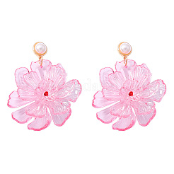 透明なアクリルの花のダングルのピアス  合金製イミテーションパールトップスタッドピアス  304ステンレススチールイヤリング  ゴールドカラー  パールピンク  75x56mm&nbsp;WG452BD-01