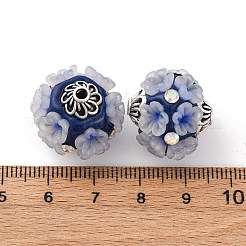 手作り樹脂インドネシアラウンドビーズ  合金ラインストーンパーツ  花の丸  プルシアンブルー  19.5x19mm  穴：2mm&nbsp;IPDL-P005-21AS-01