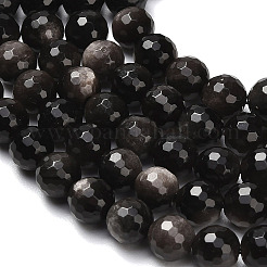 天然銀黒曜石ビーズ連売り  多面カット  ラウンド  8mm  穴：1mm  約47~48個/連  15.16''（38.5センチメートル）&nbsp;G-C280-B08-8mm