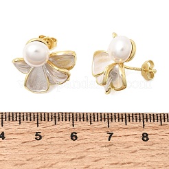 真鍮エナメルスタッドピアス  花  absプラスチックパール  カドミウムフリー＆鉛フリー  ラックめっき  長持ちメッキ  ゴールドカラー  19.5x18.5mm&nbsp;KK-CBAB173-02C-G