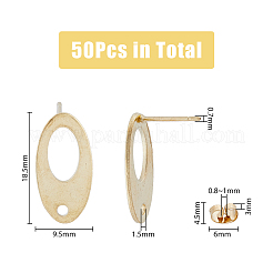 304ステンレススチールスタッドピアス金具50個  50個のイヤーナット付き  オーバル  ゴールドカラー  18.5x9.5mm  穴：1.5mm  ピン：0.7mm&nbsp;STAS-DC0014-11