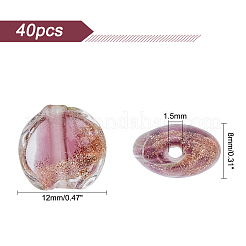 手作りゴールドパウダー入りランプワークビーズ連売り  フラットラウンド  暗赤色  12x8mm  穴：1.5mm  40pc&nbsp;LAMP-OC0001-38