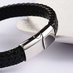 トレンディな革組紐ブレスレット  304ステンレススチール製マグネット留め具付き  ブラック  220x12x6mm&nbsp;BJEW-P128-06C