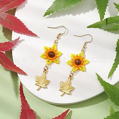 シードビーズはピアスを垂らす  304ステンレススチールのピアスフックと合金ペンダント付き  葉と花  ゴールドカラー  65x19.5mm&nbsp;EJEW-MZ00221
