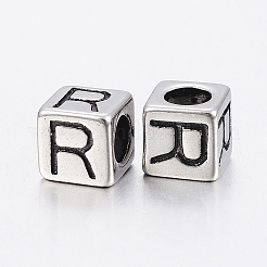 304 ステンレススチール 大きな穴文字 ヨーロッパ ビーズ  文字入りの手磨きキューブ。  アンティークシルバー  8x8x8mm  穴：5mm&nbsp;LS-STAS-H428-01AS-R