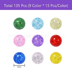 135g9色透明クラックルガラスラウンドビーズ連売り  穴がない  ミックスカラー  1/2インチ（12mm）  15個/カラー&nbsp;CCG-SZ0001-02