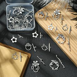 20個 5スタイルの花柄チベットスタイル合金トグル留め金  アンティークシルバー  花：16~28x15~20mm  バー：16~36x4~5mm  穴：2~2.5mm  4個/スタイル&nbsp;FIND-YW0005-24