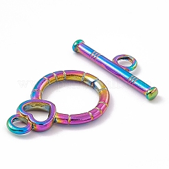 イオンプレーティング（IP）304ステンレススチールマンテル  ハート付きフラットラウンド  虹色  バー：6x19.5x2mm  穴：2.5mm  フラットラウンドハート：21x13.5x2mm  穴：2.5mm&nbsp;STAS-G299-01M