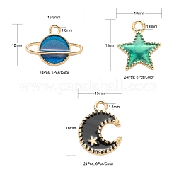 72本合金エナメルペンダント  惑星＆星＆月＆星  ライトゴールド  ミックスカラー  12~16x13~16.5x2~3mm  穴：1.6~1.8mm  4色  6個/カラー&nbsp;ENAM-LS0001-51