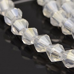 カット加工ダブルコーンメッキガラスビーズ連売り  ABカラーメッキ  ゴーストホワイト  4x4.5mm  穴：0.8~1mm  約75~78個/連  28~29cm&nbsp;EGLA-P016-4mm-AB01