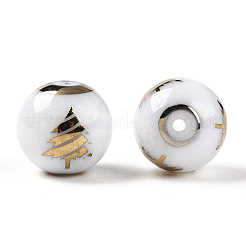 クリスマス不透明ガラスビーズ  電気めっきクリスマスツリー模様とラウンドします。  黄金メッキ  10mm  穴：1.2mm&nbsp;EGLA-R113-02C