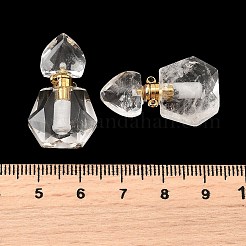 天然水晶香水瓶ペンダント  304ステンレススチール製金具付き  多面カット  六角形のボトルチャーム  ゴールドカラー  28~29.5x16~17x7~8mm  穴：1.4mm&nbsp;G-L623-12G-07