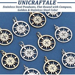 12個2色304ステンレスペンダント  コンパス付きのフラットラウンド  ゴールデン·ステンレス鋼色  17x14.5x1mm  穴：3.2mm  6個/カラー&nbsp;STAS-UN0038-92