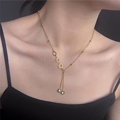 304ステンレススチールパヴェクリアキュービックジルコニアフラットラウンドタッセルペンダントネックレス（女性用）  ゴールドカラー  15.75インチ（40cm）&nbsp;FS-WGE6DE6-01