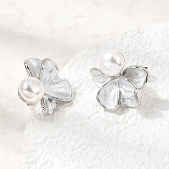 真鍮エナメルスタッドピアス  花  absプラスチックパール  カドミウムフリー＆鉛フリー  ラックめっき  長持ちメッキ  プラチナ  19.5x18.5mm&nbsp;KK-CBAB173-02C-P