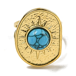 イオンプレーティング（IP）304ステンレススチールオープンカフリング  女性と男性のための合成ターコイズ楕円形指輪  18KGP本金メッキ  調整可能&nbsp;RJEW-C079-19G-04