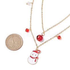 クリスマスベルと雪だるま合金赤エナメルペンダントネックレス  女性用真鍮アズキチェーン二重層ネックレス  ゴールドカラー  14.29インチ（36.3cm）&nbsp;NJEW-JN05115