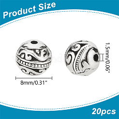 チベットスタイルの合金ビーズ20個。  カドミウムフリー＆鉛フリー  ラウンド  アンティークシルバー  8mm  穴：1.5mm&nbsp;TIBE-LP0001-06