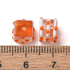 手作りランプワークビーズ  手描きのビーズ  ストライプの立方体  エナメル  オレンジ  8.5x8x6.5mm  穴：1.2mm&nbsp;LAMP-L085-01C
