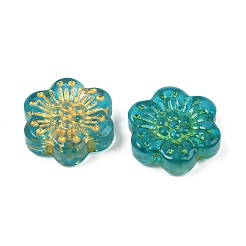 焼き付け塗料と金色の金属で覆われたガラスビーズ  花  ライトシーグリーン  17x18.5x5.5mm  穴：1.2mm&nbsp;DGLA-T004-09B